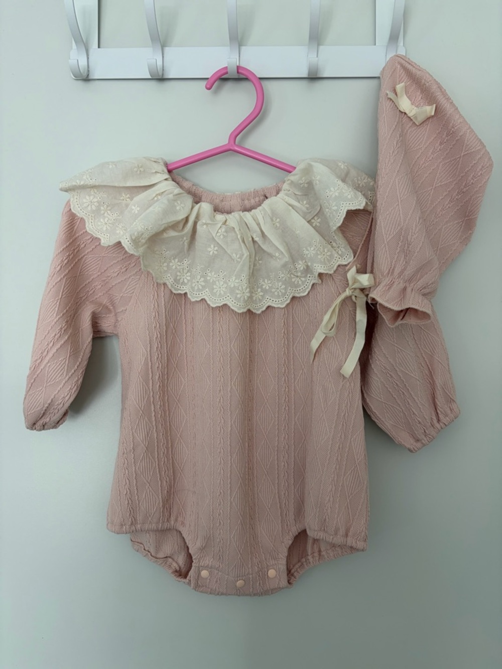 Baby Girl Pink One-Piece Romper with Lace Collar + Bonnet